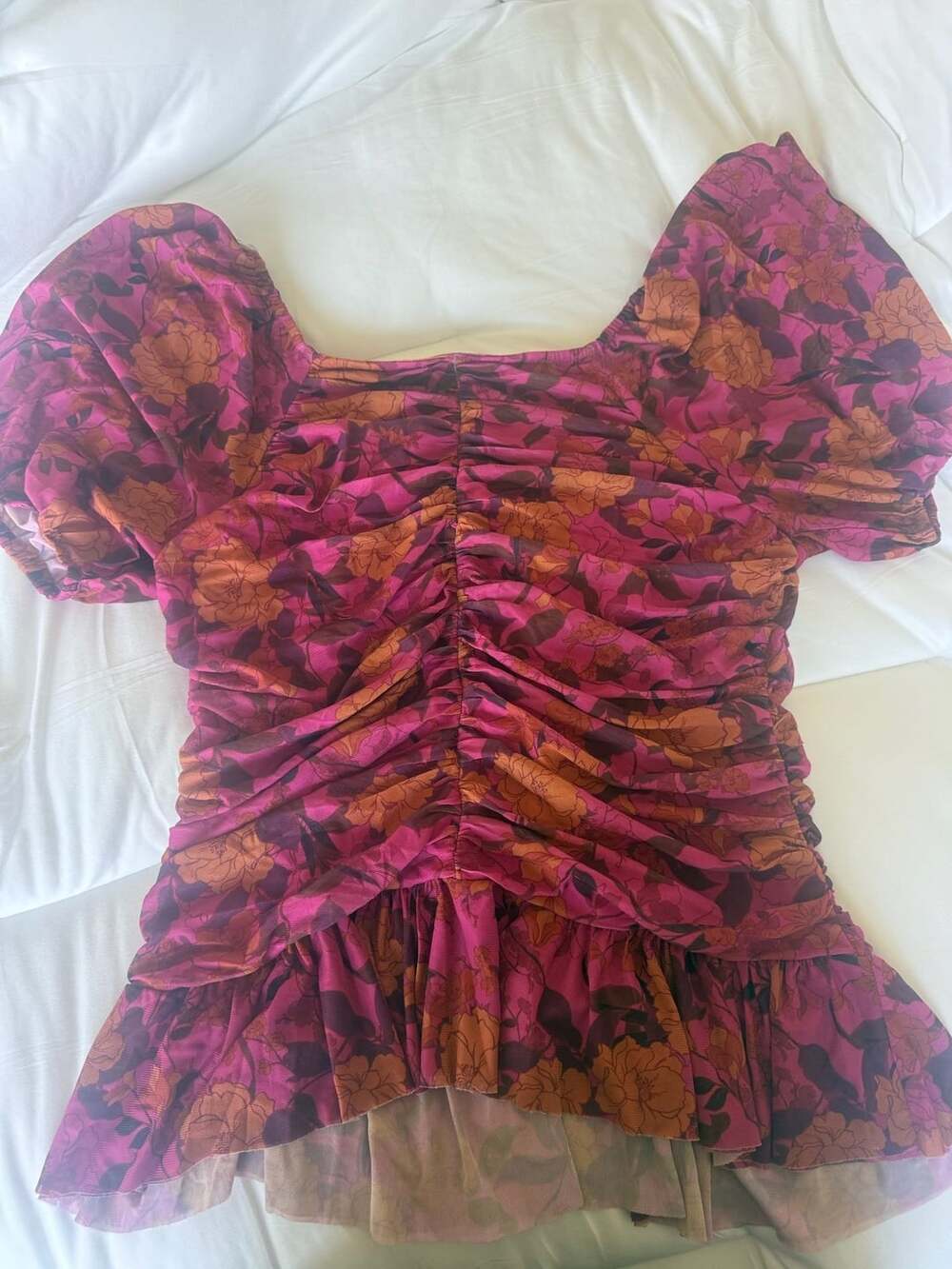DR2 Pink and Orange Floral Ruched Puff Sleeve Peplum Blouse
